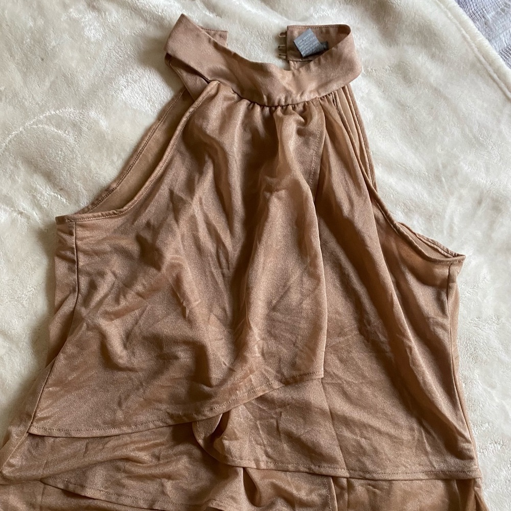 Sheer Gold high neck dressy top. Slightly worn, broken button on back